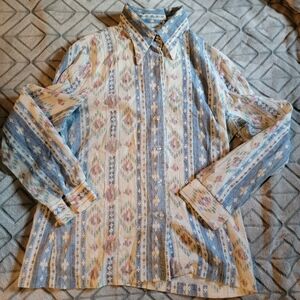 Vintage Queen Casuals Pastel Southewest Print Long Sleeve Button Down Size 18